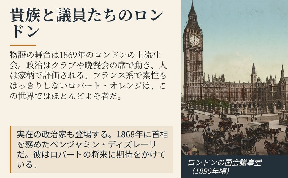 貴族と議員たちのロンドン。物語の舞台は1869年のロンドンの上流社会。政治はクラブや晩餐会の席で動き、人は家柄で評価される。フランス系で素性もはっきりしないロバート・オレンジは、この世界ではほとんどよそ者だ。