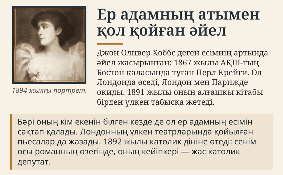 Ер адамның атымен қол қойған әйел. Джон Оливер Хоббс деген есімнің артында әйел жасырынған: 1867 жылы АҚШ-тың Бостон қаласында туған Перл Крейги. Ол Лондонда өседі, Лондон мен Парижде оқиды. 1891 жылы оның алғашқы…