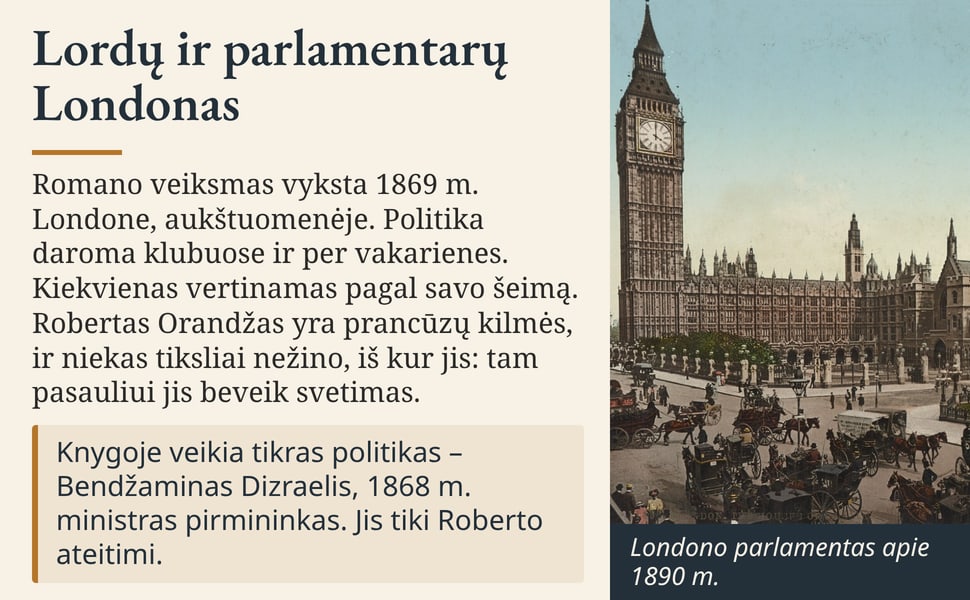 Lordų ir parlamentarų Londonas. Romano veiksmas vyksta 1869 m. Londone, aukštuomenėje. Politika daroma klubuose ir per vakarienes. Kiekvienas vertinamas pagal savo šeimą. Robertas Orandžas yra prancūzų kilmės, ir…