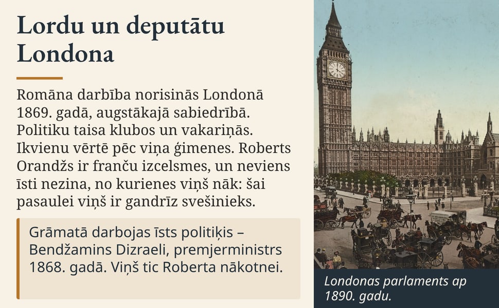 Lordu un deputātu Londona. Romāna darbība norisinās Londonā 1869. gadā, augstākajā sabiedrībā. Politiku taisa klubos un vakariņās. Ikvienu vērtē pēc viņa ģimenes. Roberts Orandžs ir franču izcelsmes, un neviens īsti…