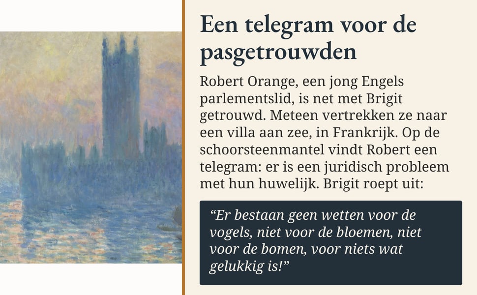 Een telegram voor de pasgetrouwden. Robert Orange, een jong Engels parlementslid, is net met Brigit getrouwd. Meteen vertrekken ze naar een villa aan zee, in Frankrijk. Op de schoorsteenmantel vindt Robert een…