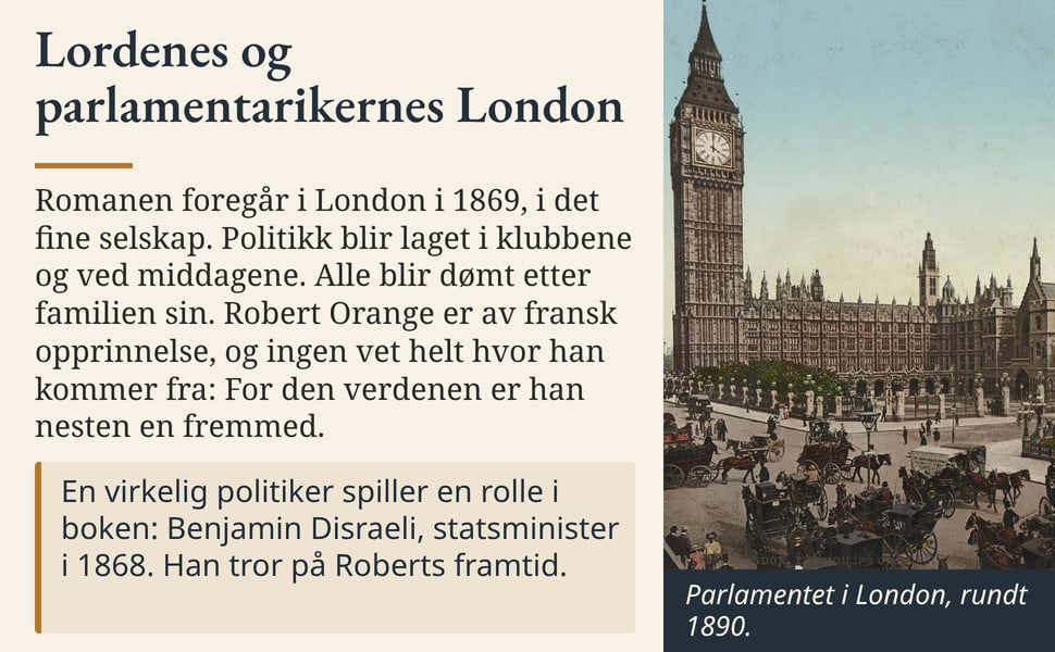 Lordenes og parlamentarikernes London. Romanen foregår i London i 1869, i det fine selskap. Politikk blir laget i klubbene og ved middagene. Alle blir dømt etter familien sin. Robert Orange er av fransk opprinnelse, og…