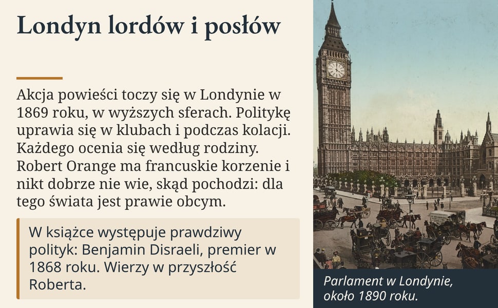 Londyn lordów i posłów. Akcja powieści toczy się w Londynie w 1869 roku, w wyższych sferach. Politykę uprawia się w klubach i podczas kolacji. Każdego ocenia się według rodziny. Robert Orange ma francuskie korzenie i…