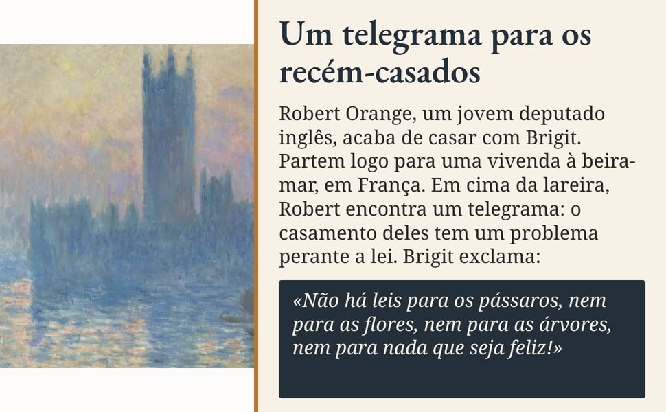 Um telegrama para os recém-casados. Robert Orange, um jovem deputado inglês, acaba de casar com Brigit. Partem logo para uma vivenda à beira-mar, em França. Em cima da lareira, Robert encontra um telegrama: o casamento…