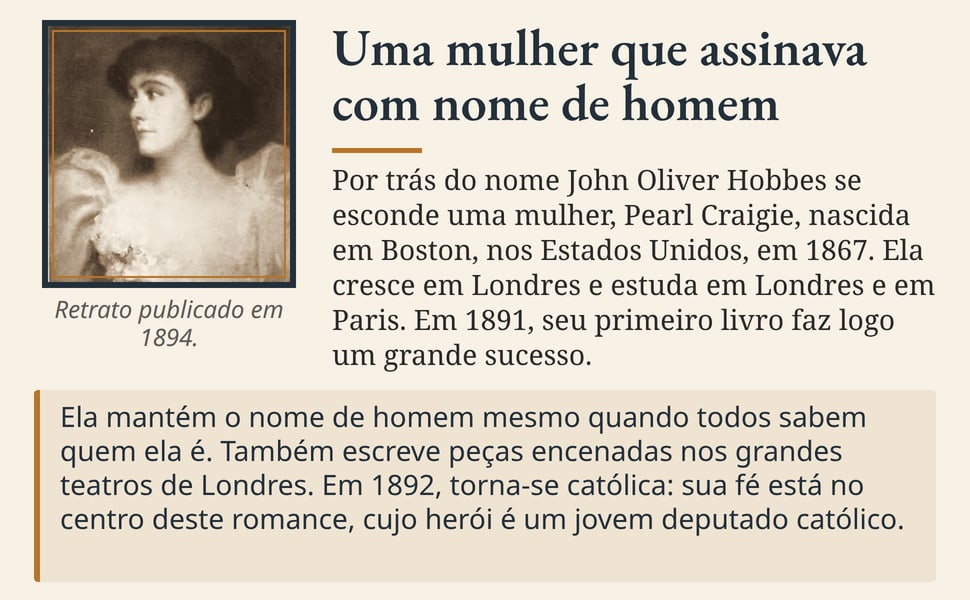 Uma mulher que assinava com nome de homem. Por trás do nome John Oliver Hobbes se esconde uma mulher, Pearl Craigie, nascida em Boston, nos Estados Unidos, em 1867. Ela cresce em Londres e estuda em Londres e em Paris.…