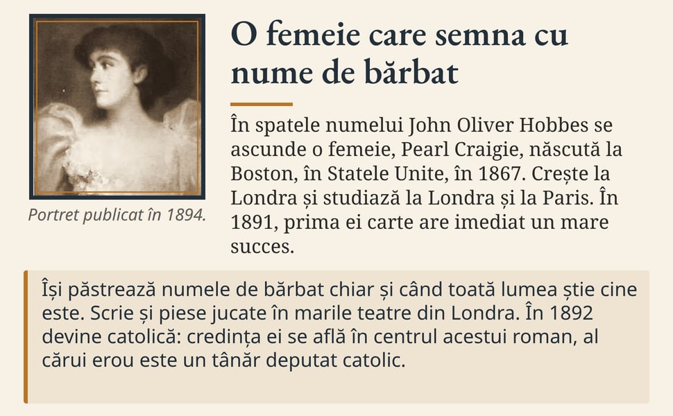 O femeie care semna cu nume de bărbat. În spatele numelui John Oliver Hobbes se ascunde o femeie, Pearl Craigie, născută la Boston, în Statele Unite, în 1867. Crește la Londra și studiază la Londra și la Paris. În…