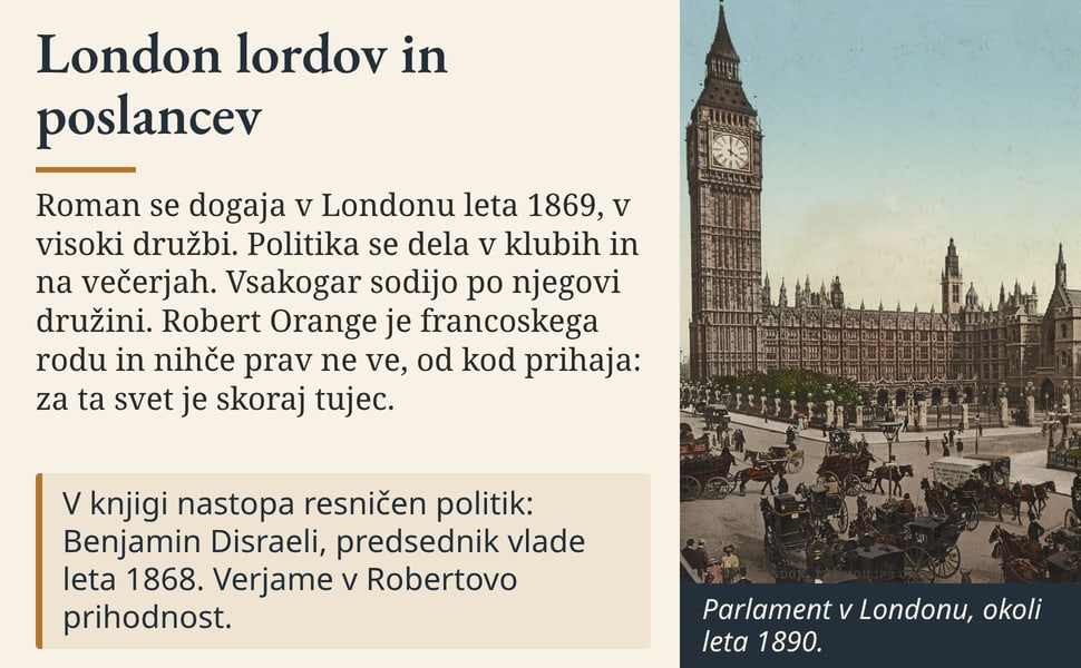 London lordov in poslancev. Roman se dogaja v Londonu leta 1869, v visoki družbi. Politika se dela v klubih in na večerjah. Vsakogar sodijo po njegovi družini. Robert Orange je francoskega rodu in nihče prav ne ve, od…