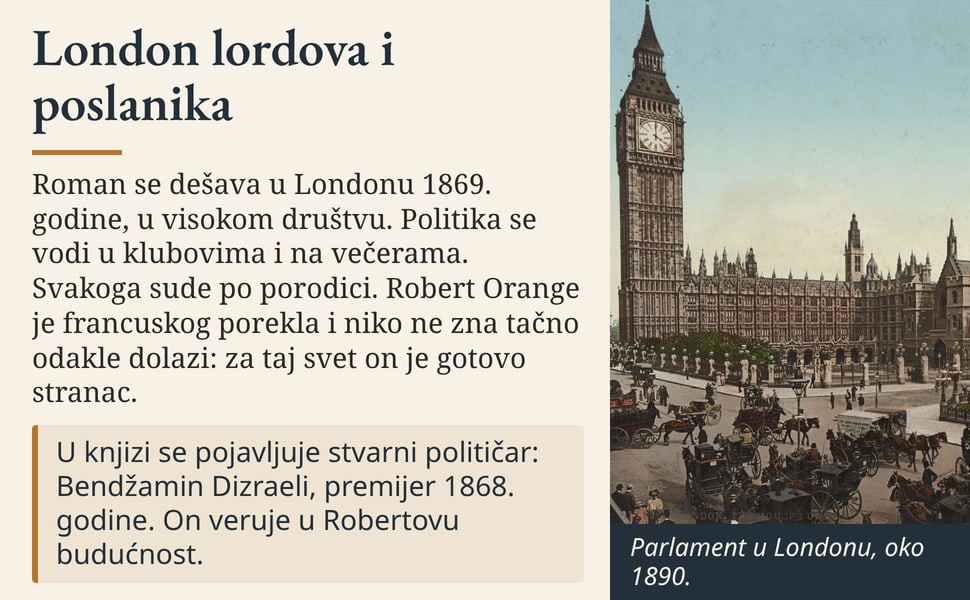 London lordova i poslanika. Roman se dešava u Londonu 1869. godine, u visokom društvu. Politika se vodi u klubovima i na večerama. Svakoga sude po porodici. Robert Orange je francuskog porekla i niko ne zna tačno…