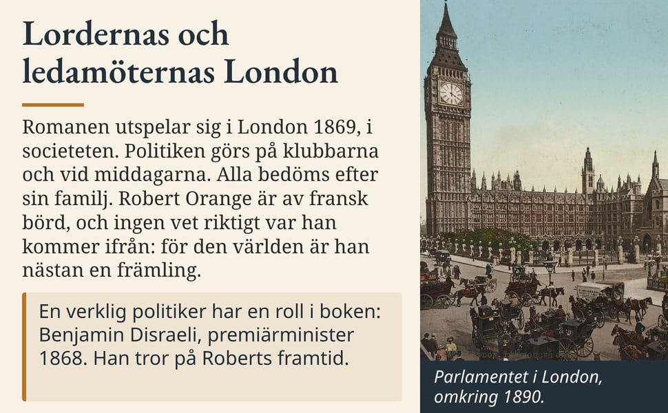 Lordernas och ledamöternas London. Romanen utspelar sig i London 1869, i societeten. Politiken görs på klubbarna och vid middagarna. Alla bedöms efter sin familj. Robert Orange är av fransk börd, och ingen vet riktigt…