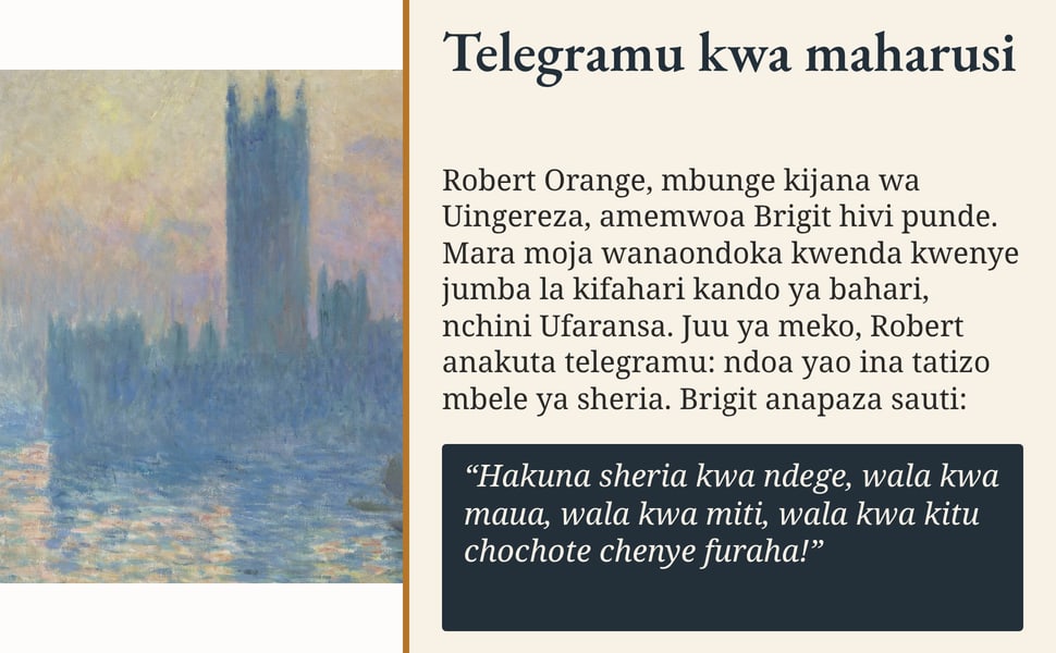 Telegramu kwa maharusi. Robert Orange, mbunge kijana wa Uingereza, amemwoa Brigit hivi punde. Mara moja wanaondoka kwenda kwenye jumba la kifahari kando ya bahari, nchini Ufaransa. Juu ya meko, Robert anakuta…
