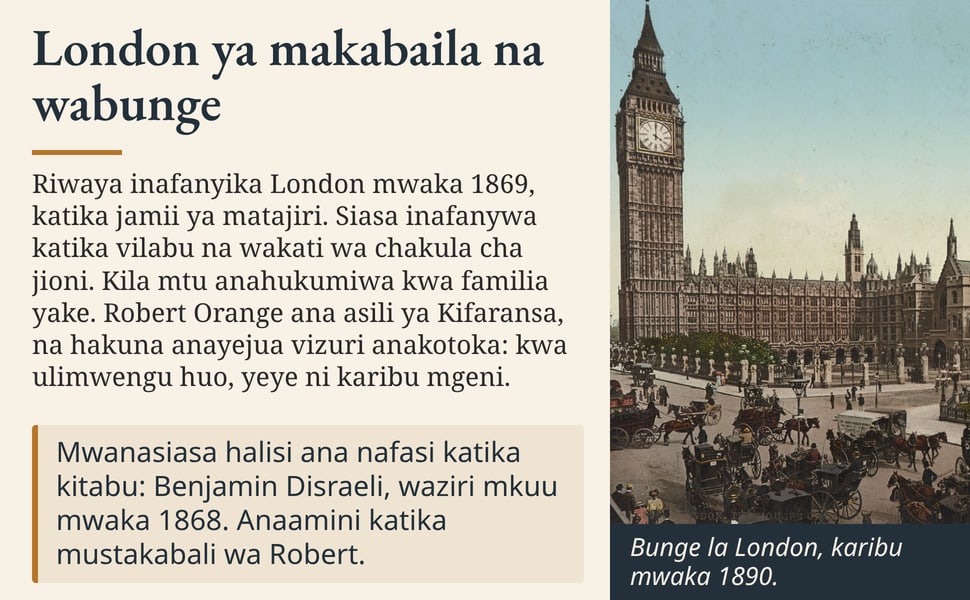 London ya makabaila na wabunge. Riwaya inafanyika London mwaka 1869, katika jamii ya matajiri. Siasa inafanywa katika vilabu na wakati wa chakula cha jioni. Kila mtu anahukumiwa kwa familia yake. Robert Orange ana…