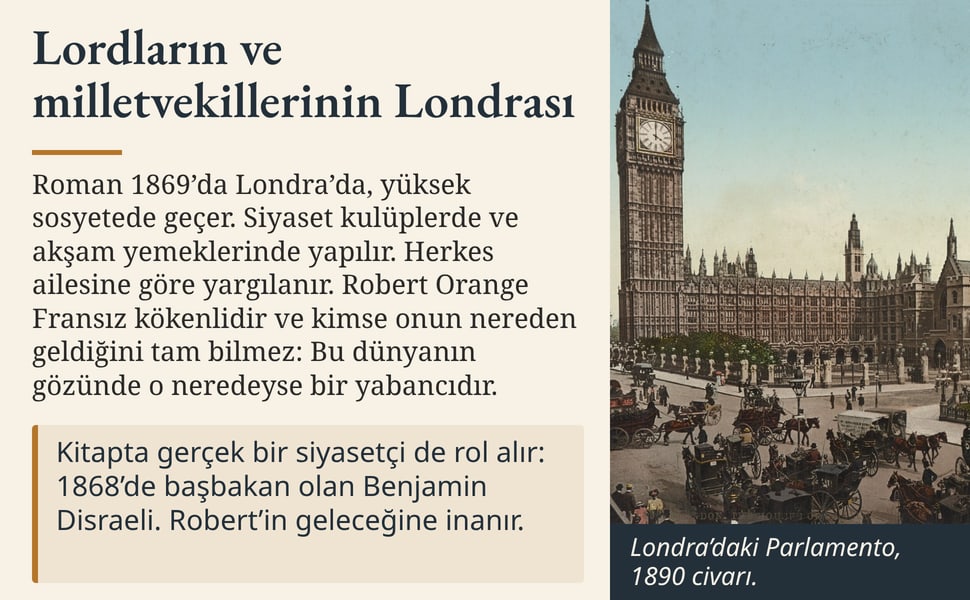 Lordların ve milletvekillerinin Londrası. Roman 1869’da Londra’da, yüksek sosyetede geçer. Siyaset kulüplerde ve akşam yemeklerinde yapılır. Herkes ailesine göre yargılanır. Robert Orange Fransız kökenlidir ve kimse…