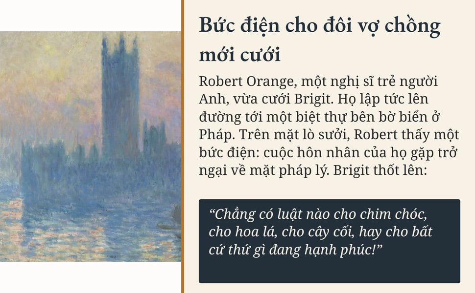 Bức điện cho đôi vợ chồng mới cưới. Robert Orange, một nghị sĩ trẻ người Anh, vừa cưới Brigit. Họ lập tức lên đường tới một biệt thự bên bờ biển ở Pháp. Trên mặt lò sưởi, Robert thấy một bức điện: cuộc hôn nhân của họ…