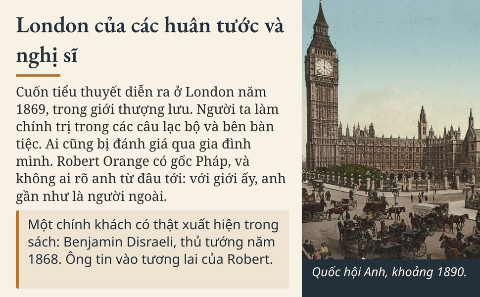 London của các huân tước và nghị sĩ. Cuốn tiểu thuyết diễn ra ở London năm 1869, trong giới thượng lưu. Người ta làm chính trị trong các câu lạc bộ và bên bàn tiệc. Ai cũng bị đánh giá qua gia đình mình. Robert Orange…