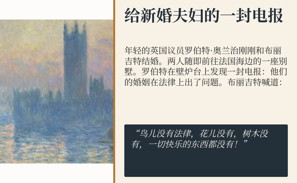 给新婚夫妇的一封电报。年轻的英国议员罗伯特·奥兰治刚刚和布丽吉特结婚。两人随即前往法国海边的一座别墅。罗伯特在壁炉台上发现一封电报:他们的婚姻在法律上出了问题。布丽吉特喊道。
