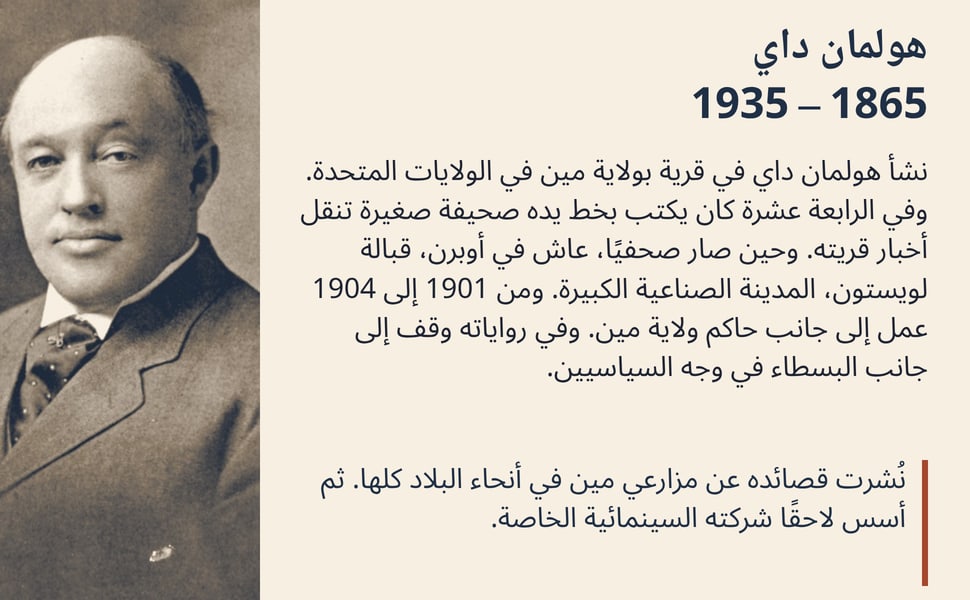 هولمان داي 1865 – 1935. نشأ هولمان داي في قرية بولاية مين في الولايات المتحدة. وفي الرابعة عشرة كان يكتب بخط يده صحيفة صغيرة تنقل أخبار قريته. وحين صار صحفيًا، عاش في أوبرن، قبالة لويستون، المدينة الصناعية الكبيرة. ومن…
