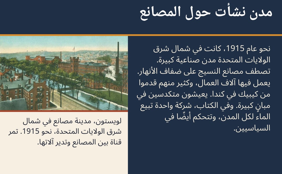 مدن نشأت حول المصانع. نحو عام 1915، كانت في شمال شرق الولايات المتحدة مدن صناعية كبيرة. تصطف مصانع النسيج على ضفاف الأنهار. يعمل فيها آلاف العمال، وكثير منهم قدموا من كيبيك في كندا. يعيشون متكدسين في مبانٍ كبيرة. وفي…
