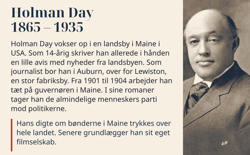 Holman Day 1865 – 1935. Holman Day vokser op i en landsby i Maine i USA. Som 14-årig skriver han allerede i hånden en lille avis med nyheder fra landsbyen. Som journalist bor han i Auburn, over for Lewiston, en stor…