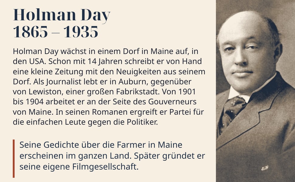 Holman Day 1865 – 1935. Holman Day wächst in einem Dorf in Maine auf, in den USA. Schon mit 14 Jahren schreibt er von Hand eine kleine Zeitung mit den Neuigkeiten aus seinem Dorf. Als Journalist lebt er in Auburn…