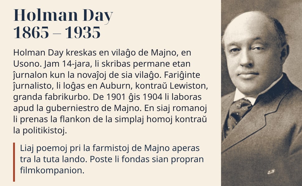 Holman Day 1865 – 1935. Holman Day kreskas en vilaĝo de Majno, en Usono. Jam 14-jara, li skribas permane etan ĵurnalon kun la novaĵoj de sia vilaĝo. Fariĝinte ĵurnalisto, li loĝas en Auburn, kontraŭ Lewiston, granda…