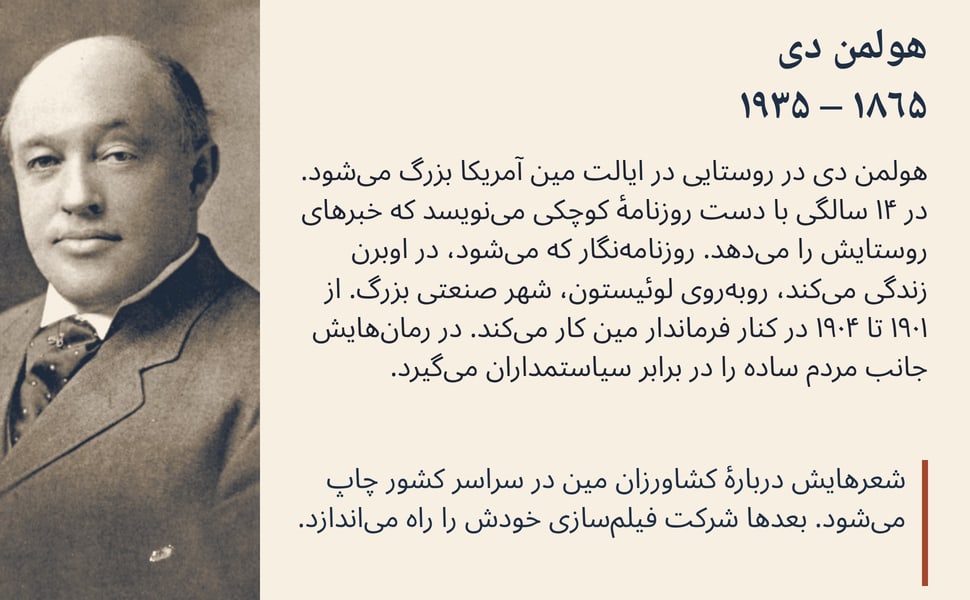 هولمن دی ۱۸۶۵ – ۱۹۳۵. هولمن دی در روستایی در ایالت مین آمریکا بزرگ میشود. در ۱۴ سالگی با دست روزنامهٔ کوچکی مینویسد که خبرهای روستایش را میدهد. روزنامهنگار که میشود، در اوبرن زندگی میکند، روبهروی لوئیستون، شهر…