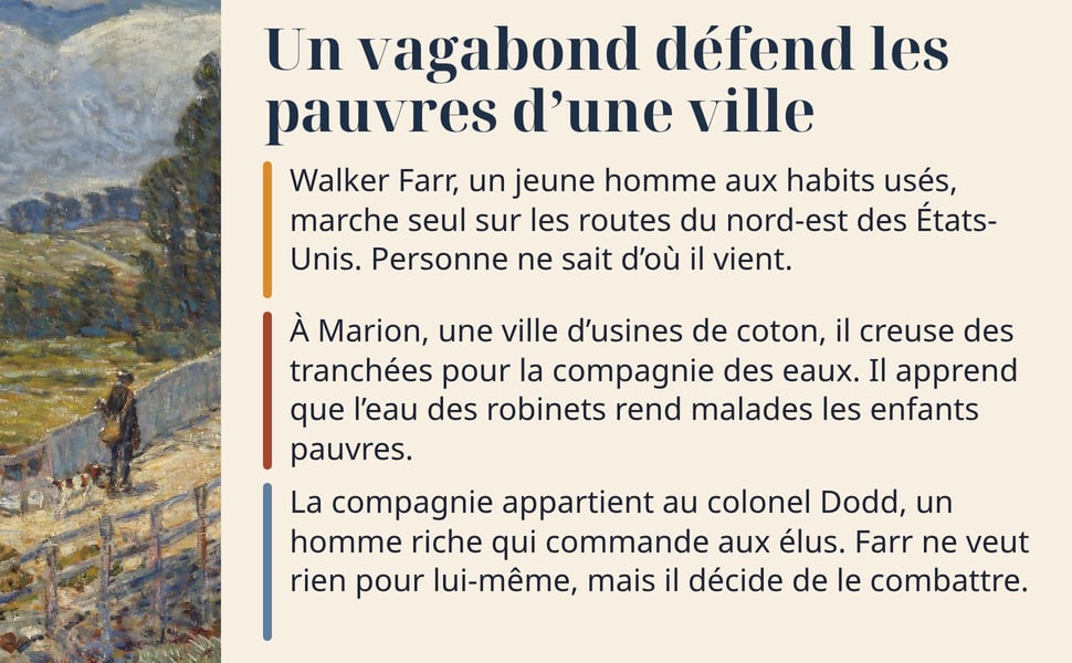 Un vagabond défend les pauvres d’une ville. Walker Farr, un jeune homme aux habits usés, marche seul sur les routes du nord-est des États-Unis. Personne ne sait d’où il vient. À Marion, une ville d’usines de coton, il creuse des tranchées pour la compagnie des eaux. Il apprend que l’eau des robinets rend malades les enfants pauvres. La compagnie appartient au colonel Dodd, un homme riche qui commande aux élus. Farr ne veut rien pour lui-même, mais il décide de le combattre. Image : un homme en chapeau, une valise dans chaque main, marche sur une voie ferrée vers le soleil couchant ; un visage se dessine dans les nuages.