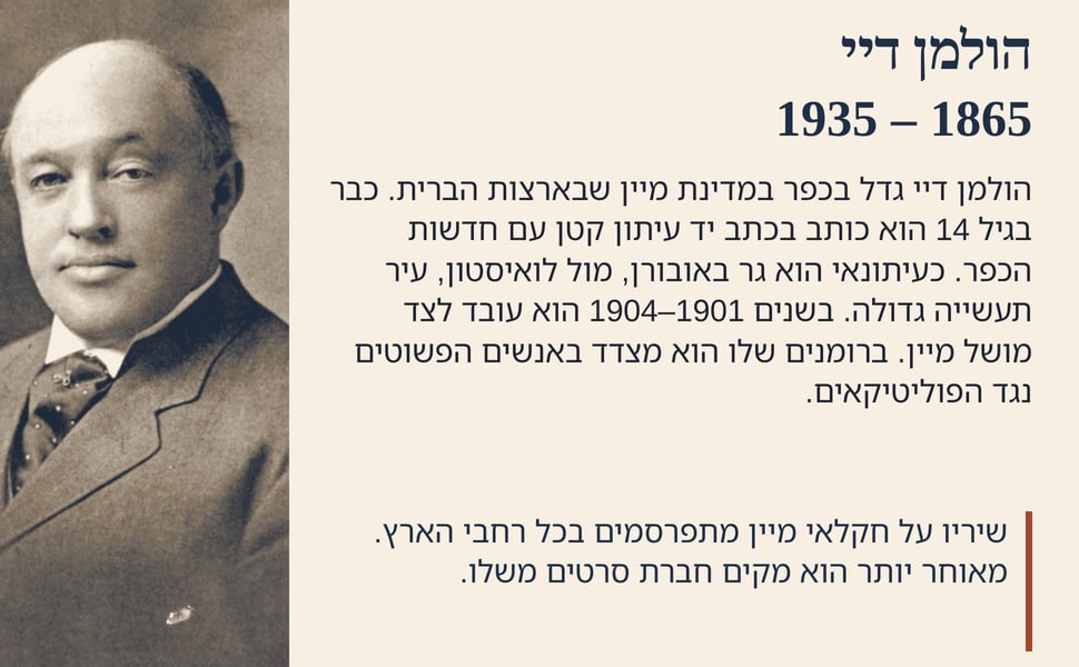 הולמן דיי 1865 – 1935. הולמן דיי גדל בכפר במדינת מיין שבארצות הברית. כבר בגיל 14 הוא כותב בכתב יד עיתון קטן עם חדשות הכפר. כעיתונאי הוא גר באובורן, מול לואיסטון, עיר תעשייה גדולה. בשנים 1901–1904 הוא עובד לצד מושל…