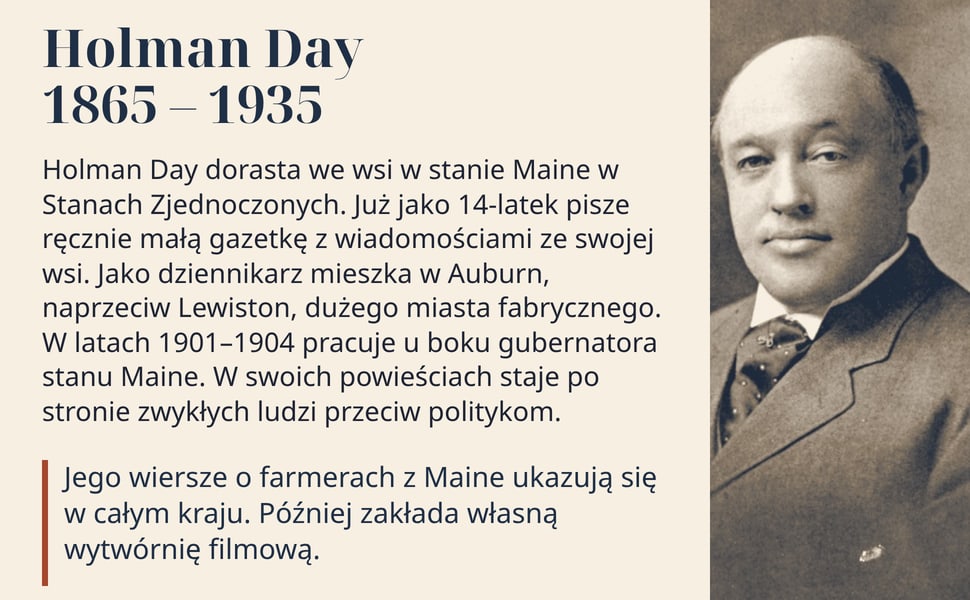 Holman Day 1865 – 1935. Holman Day dorasta we wsi w stanie Maine w Stanach Zjednoczonych. Już jako 14-latek pisze ręcznie małą gazetkę z wiadomościami ze swojej wsi. Jako dziennikarz mieszka w Auburn, naprzeciw…