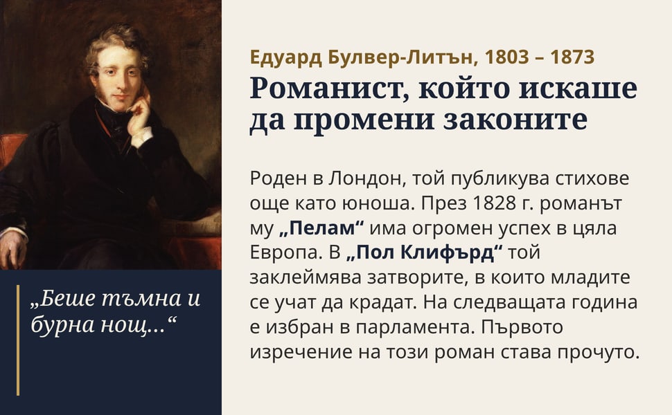 Романист, който искаше да промени законите. Роден в Лондон, той публикува стихове още като юноша. През 1828 г. романът му „Пелам“ има огромен успех в цяла Европа. В „Пол Клифърд“ той заклеймява затворите, в които…