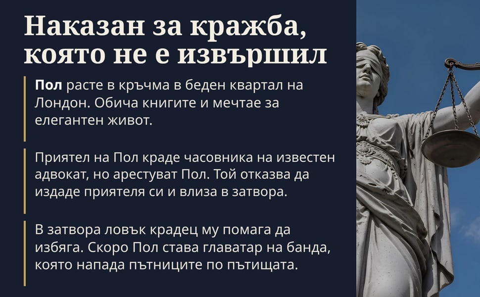 Наказан за кражба, която не е извършил. Пол расте в кръчма в беден квартал на Лондон. Обича книгите и мечтае за елегантен живот.
