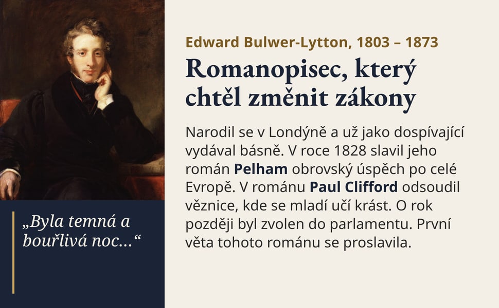 Romanopisec, který chtěl změnit zákony. Narodil se v Londýně a už jako dospívající vydával básně. V roce 1828 slavil jeho román Pelham obrovský úspěch po celé Evropě. V románu Paul Clifford odsoudil věznice, kde se…