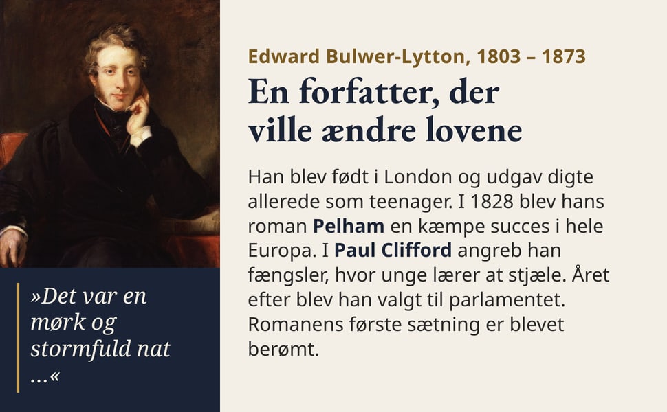 En forfatter, der ville ændre lovene. Han blev født i London og udgav digte allerede som teenager. I 1828 blev hans roman Pelham en kæmpe succes i hele Europa. I Paul Clifford angreb han fængsler, hvor unge lærer at…