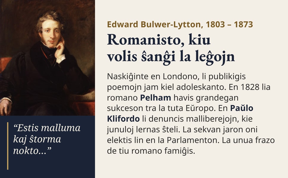 Romanisto, kiu volis ŝanĝi la leĝojn. Naskiĝinte en Londono, li publikigis poemojn jam kiel adoleskanto. En 1828 lia romano Pelham havis grandegan sukceson tra la tuta Eŭropo. En Paŭlo Klifordo li denuncis…