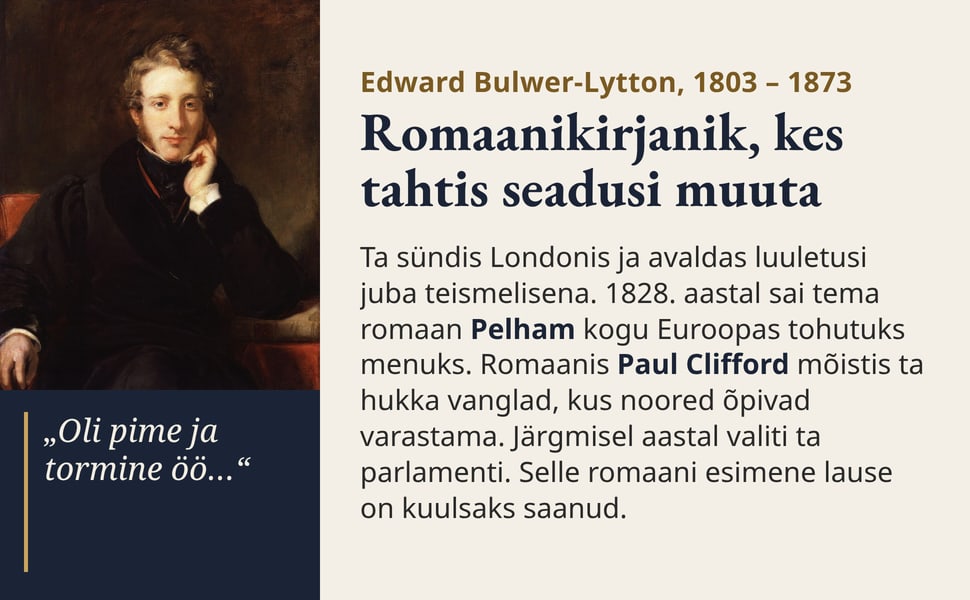 Romaanikirjanik, kes tahtis seadusi muuta. Ta sündis Londonis ja avaldas luuletusi juba teismelisena. 1828. aastal sai tema romaan Pelham kogu Euroopas tohutuks menuks. Romaanis Paul Clifford mõistis ta hukka vanglad…