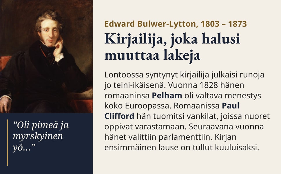 Kirjailija, joka halusi muuttaa lakeja. Lontoossa syntynyt kirjailija julkaisi runoja jo teini-ikäisenä. Vuonna 1828 hänen romaaninsa Pelham oli valtava menestys koko Euroopassa. Romaanissa Paul Clifford hän tuomitsi…