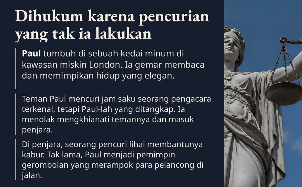 Dihukum karena pencurian yang tak ia lakukan. Paul tumbuh di sebuah kedai minum di kawasan miskin London. Ia gemar membaca dan memimpikan hidup yang elegan.