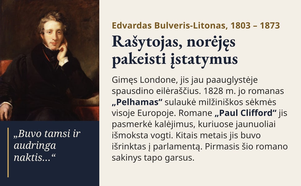 Rašytojas, norėjęs pakeisti įstatymus. Gimęs Londone, jis jau paauglystėje spausdino eilėraščius. 1828 m. jo romanas „Pelhamas“ sulaukė milžiniškos sėkmės visoje Europoje. Romane „Paul Clifford“ jis pasmerkė kalėjimus…