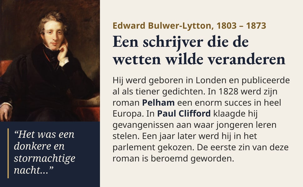 Een schrijver die de wetten wilde veranderen. Hij werd geboren in Londen en publiceerde al als tiener gedichten. In 1828 werd zijn roman Pelham een enorm succes in heel Europa. In Paul Clifford klaagde hij…