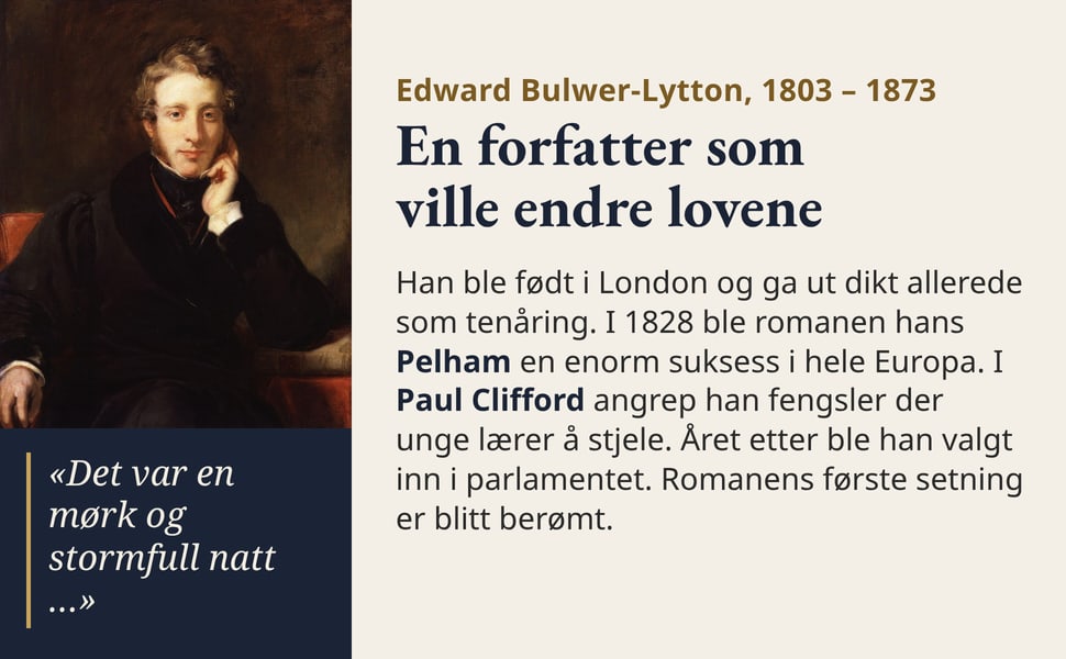 En forfatter som ville endre lovene. Han ble født i London og ga ut dikt allerede som tenåring. I 1828 ble romanen hans Pelham en enorm suksess i hele Europa. I Paul Clifford angrep han fengsler der unge lærer å…
