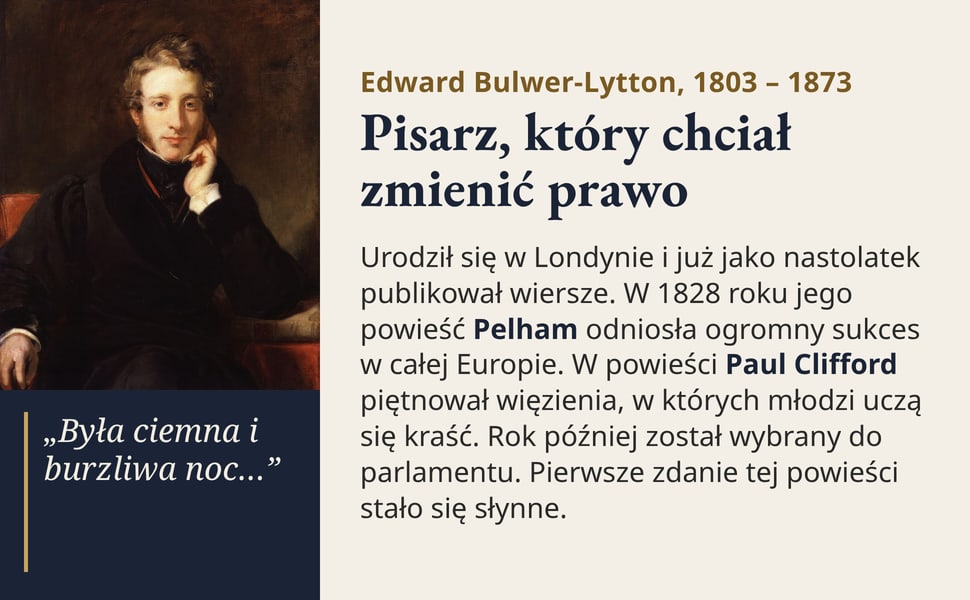 Pisarz, który chciał zmienić prawo. Urodził się w Londynie i już jako nastolatek publikował wiersze. W 1828 roku jego powieść Pelham odniosła ogromny sukces w całej Europie. W powieści Paul Clifford piętnował…