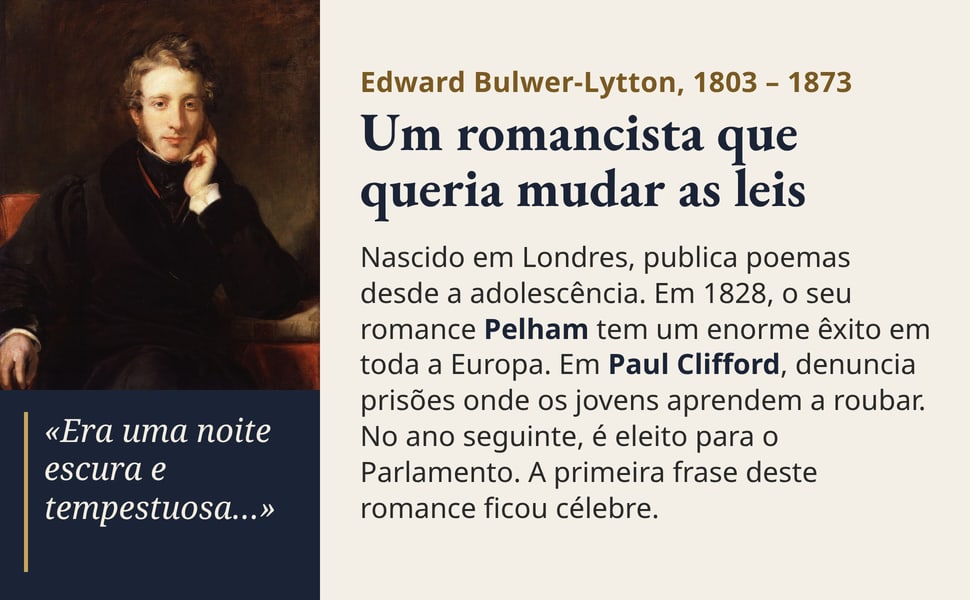 Um romancista que queria mudar as leis. Nascido em Londres, publica poemas desde a adolescência. Em 1828, o seu romance Pelham tem um enorme êxito em toda a Europa. Em Paul Clifford, denuncia prisões onde os jovens…