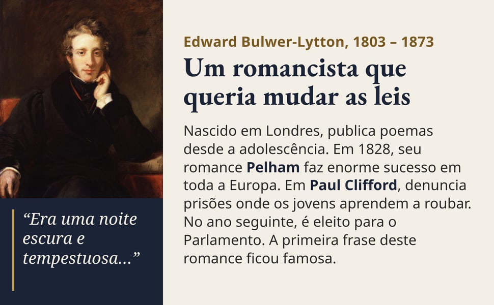 Um romancista que queria mudar as leis. Nascido em Londres, publica poemas desde a adolescência. Em 1828, seu romance Pelham faz enorme sucesso em toda a Europa. Em Paul Clifford, denuncia prisões onde os jovens…