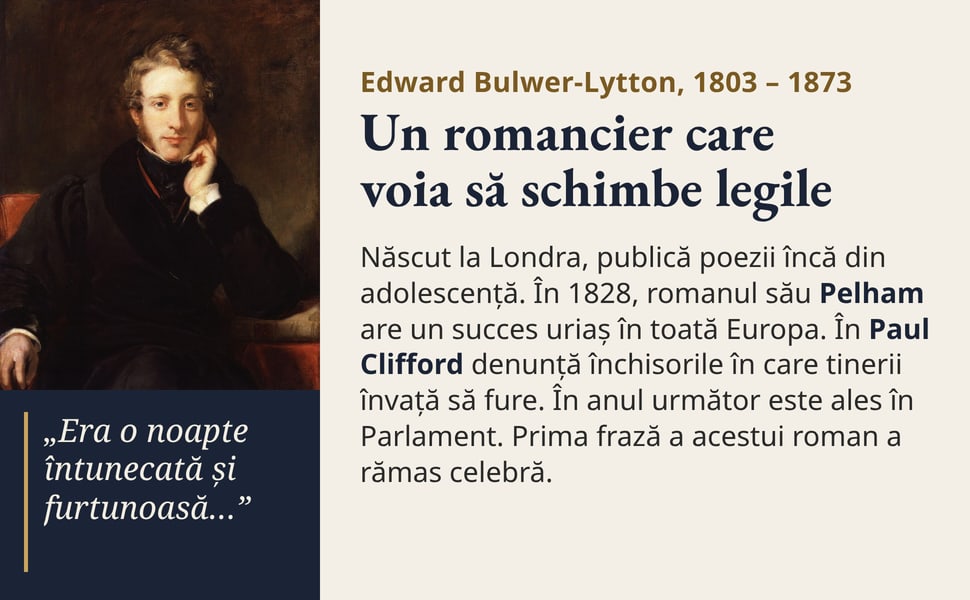 Un romancier care voia să schimbe legile. Născut la Londra, publică poezii încă din adolescență. În 1828, romanul său Pelham are un succes uriaș în toată Europa. În Paul Clifford denunță închisorile în care tinerii…