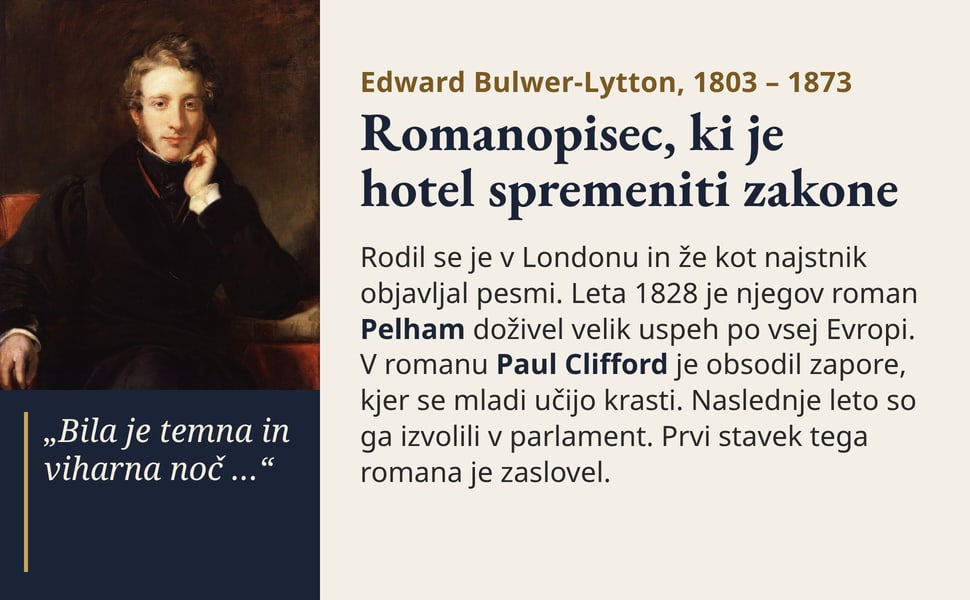Romanopisec, ki je hotel spremeniti zakone. Rodil se je v Londonu in že kot najstnik objavljal pesmi. Leta 1828 je njegov roman Pelham doživel velik uspeh po vsej Evropi. V romanu Paul Clifford je obsodil zapore, kjer…