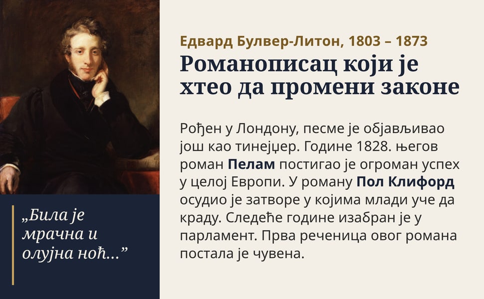 Романописац који је хтео да промени законе. Рођен у Лондону, песме је објављивао још као тинејџер. Године 1828. његов роман Пелам постигао је огроман успех у целој Европи. У роману Пол Клифорд осудио је затворе у…
