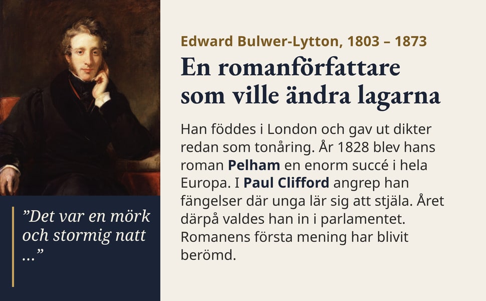 En romanförfattare som ville ändra lagarna. Han föddes i London och gav ut dikter redan som tonåring. År 1828 blev hans roman Pelham en enorm succé i hela Europa. I Paul Clifford angrep han fängelser där unga lär sig…