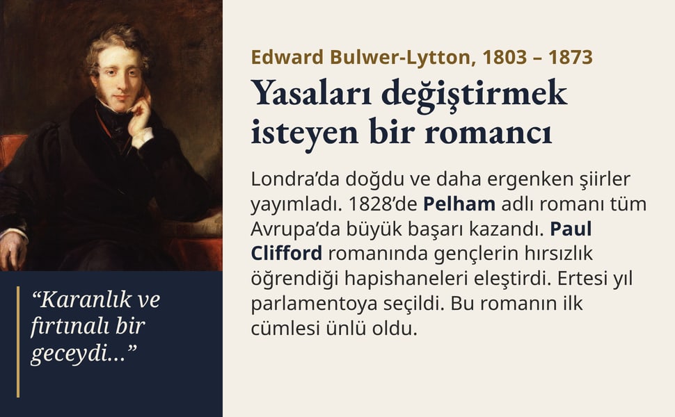 Yasaları değiştirmek isteyen bir romancı. Londra’da doğdu ve daha ergenken şiirler yayımladı. 1828’de Pelham adlı romanı tüm Avrupa’da büyük başarı kazandı. Paul Clifford romanında gençlerin hırsızlık öğrendiği…