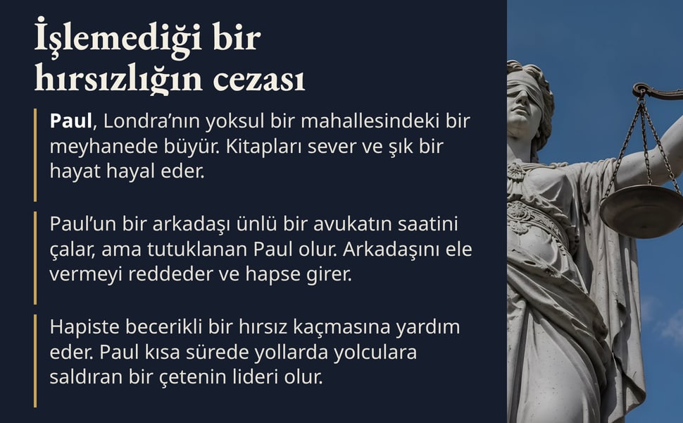 İşlemediği bir hırsızlığın cezası. Paul, Londra’nın yoksul bir mahallesindeki bir meyhanede büyür. Kitapları sever ve şık bir hayat hayal eder.