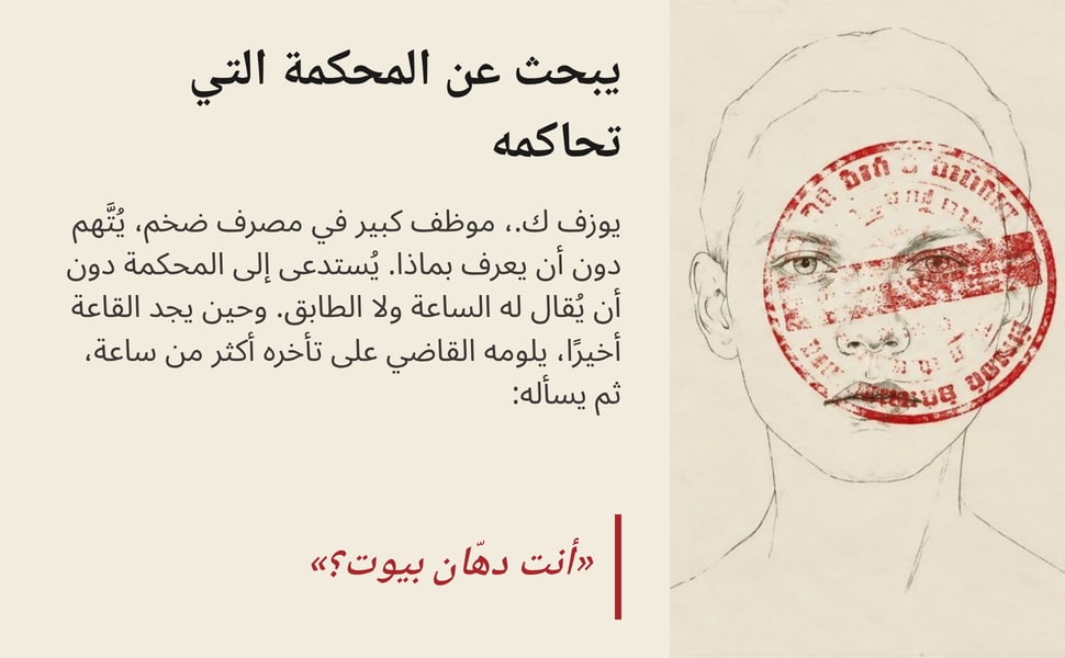 يبحث عن المحكمة التي تحاكمه. يوزف ك.، موظف كبير في مصرف ضخم، يُتَّهم دون أن يعرف بماذا. يُستدعى إلى المحكمة دون أن يُقال له الساعة ولا الطابق. وحين يجد القاعة أخيرًا، يلومه القاضي على تأخره أكثر من ساعة، ثم يسأله.