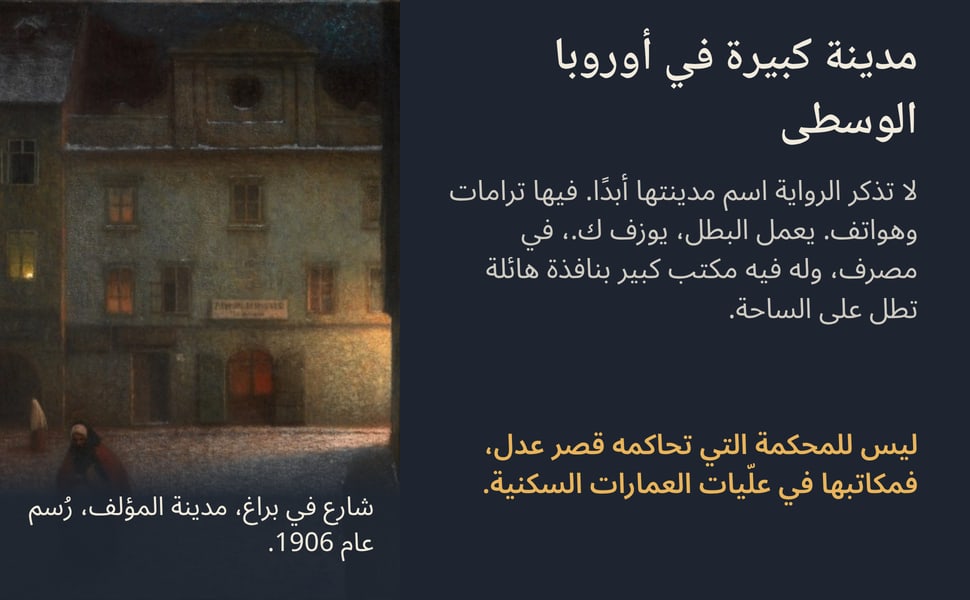 مدينة كبيرة في أوروبا الوسطى. لا تذكر الرواية اسم مدينتها أبدًا. فيها ترامات وهواتف. يعمل البطل، يوزف ك.، في مصرف، وله فيه مكتب كبير بنافذة هائلة تطل على الساحة.